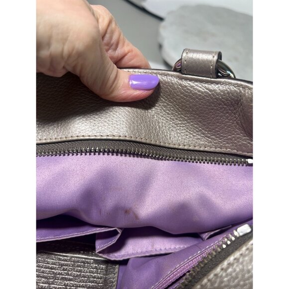 Coach L Shoulder Bag Pebbled Leather Metallic Silver Purse Tote Duo Handles - Picture 11 of 16